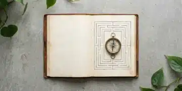 Overhead view of an open journal with a hand-drawn maze, an antique brass compass, and green plant leaves on a concrete surface, symbolizing exploration and new perspectives.