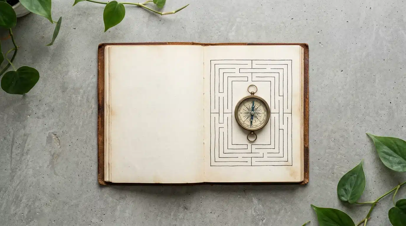 Overhead view of an open journal with a hand-drawn maze, an antique brass compass, and green plant leaves on a concrete surface, symbolizing exploration and new perspectives.