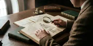 A person intently examines antique scientific journals and maps on a dark oak table, illuminated by high-contrast side lighting, representing cognitive foraging and the pursuit of knowledge.