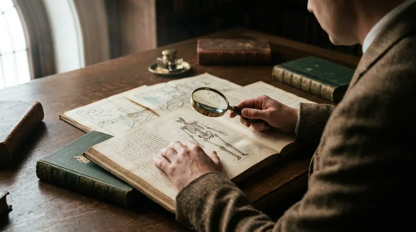 A person intently examines antique scientific journals and maps on a dark oak table, illuminated by high-contrast side lighting, representing cognitive foraging and the pursuit of knowledge.