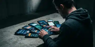 A person intently scrolling through fragmented social media headlines on multiple glowing screens, illustrating information overload and superficial knowledge consumption.