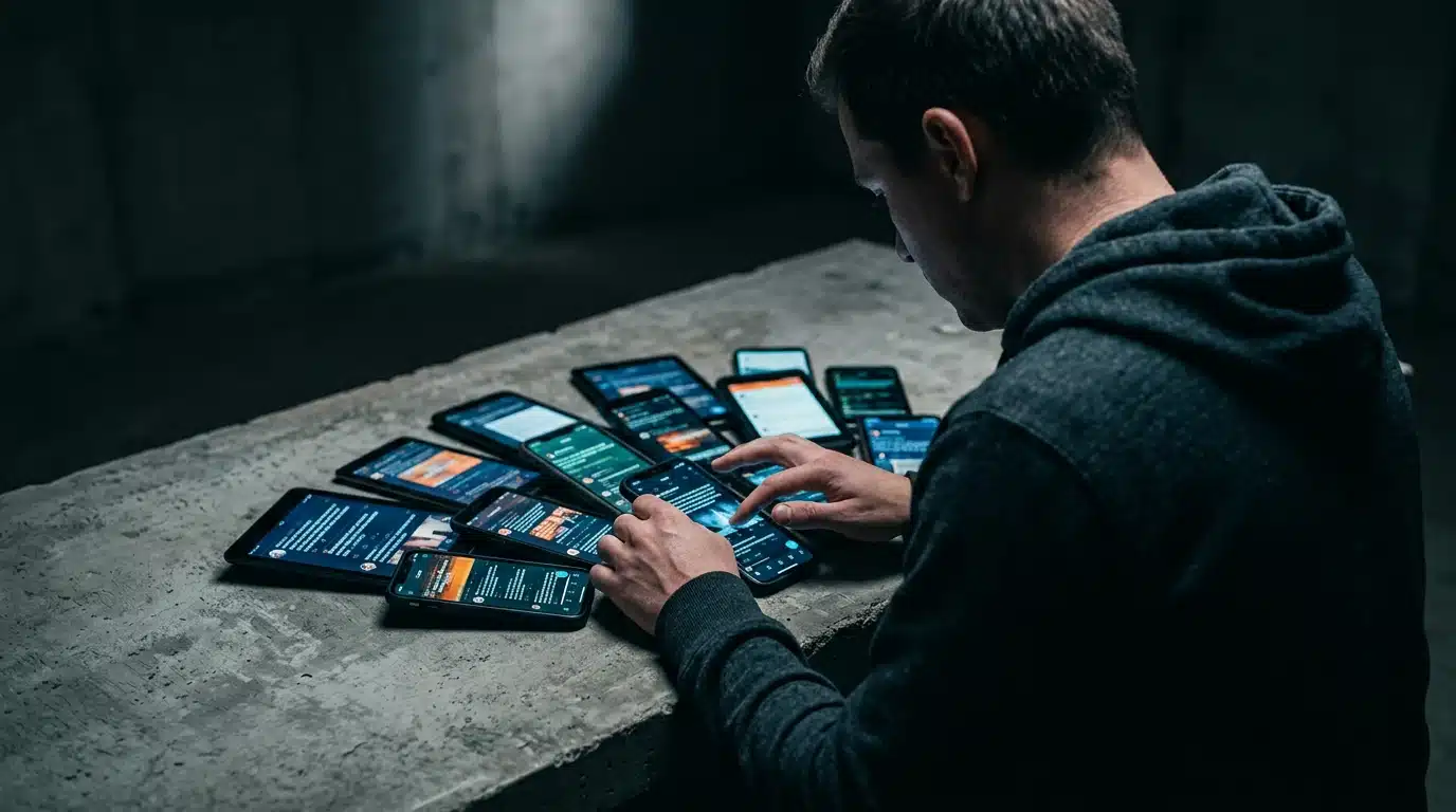 A person intently scrolling through fragmented social media headlines on multiple glowing screens, illustrating information overload and superficial knowledge consumption.