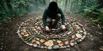 Bird's-eye view of a person actively arranging natural elements into an abstract pattern on forest ground, symbolizing forward-thinking curiosity and future exploration.