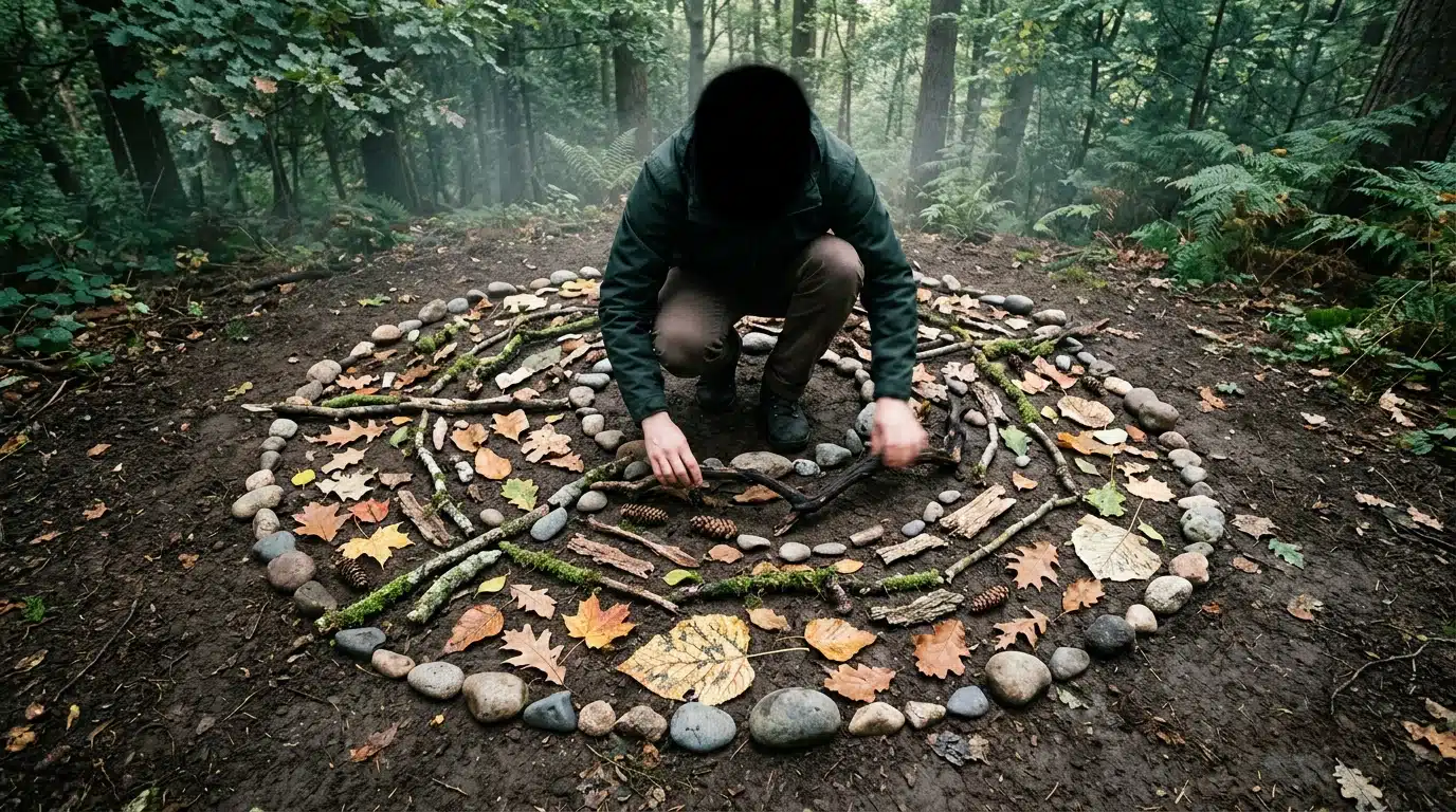 Bird's-eye view of a person actively arranging natural elements into an abstract pattern on forest ground, symbolizing forward-thinking curiosity and future exploration.