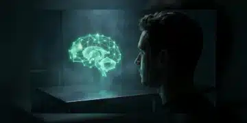 A person observing a glowing, geometric neural network projection, illustrating the brain's curiosity drive and dopamine pathways in a dark, futuristic laboratory setting.