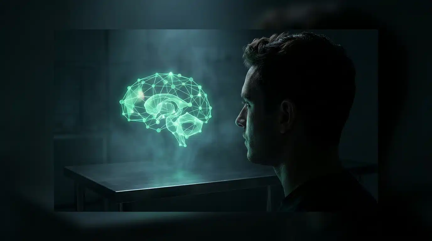 A person observing a glowing, geometric neural network projection, illustrating the brain's curiosity drive and dopamine pathways in a dark, futuristic laboratory setting.