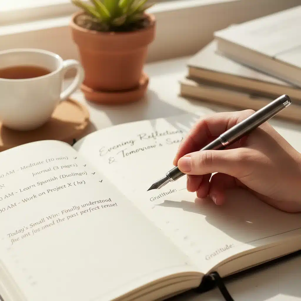 Hand writing daily tasks in a journal, emphasizing consistent small actions and planning for progress.