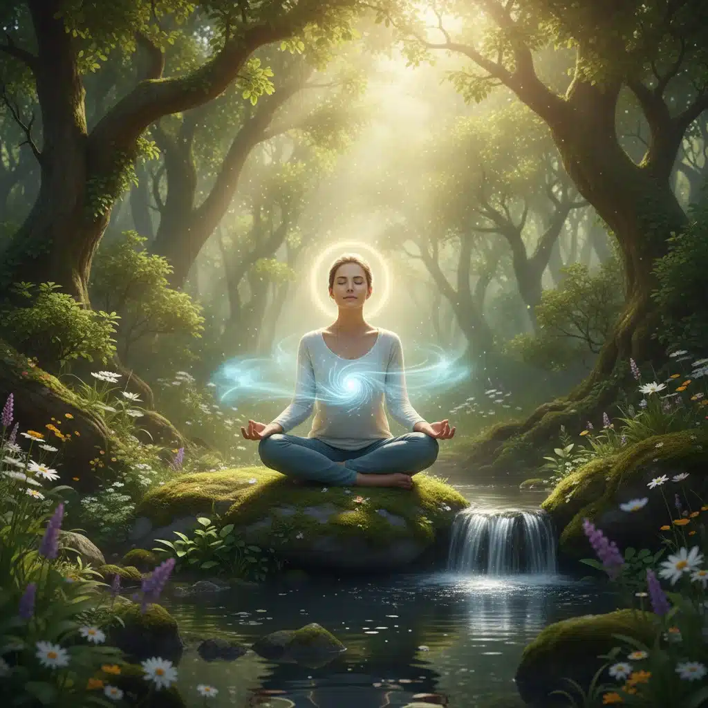 Person meditating outdoors in a peaceful, green environment, representing mental clarity and stress reduction.