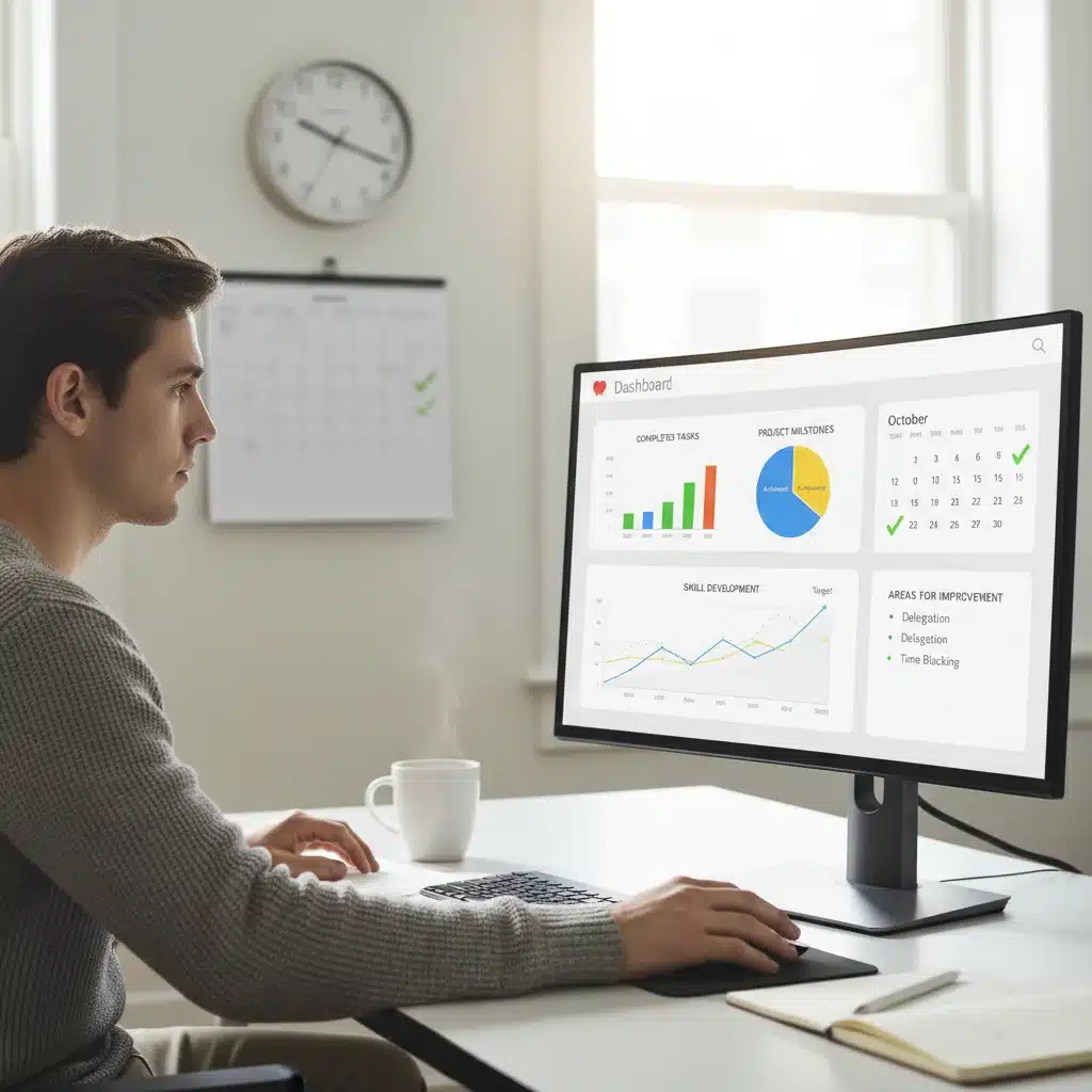 Individual analyzing productivity dashboard with completed tasks and performance metrics.