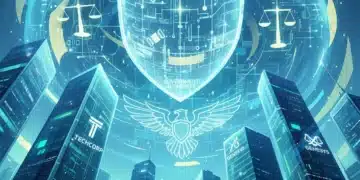 Dynamic illustration of tech regulation protecting digital cityscape