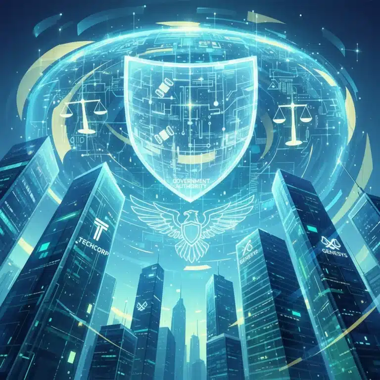 Dynamic illustration of tech regulation protecting digital cityscape