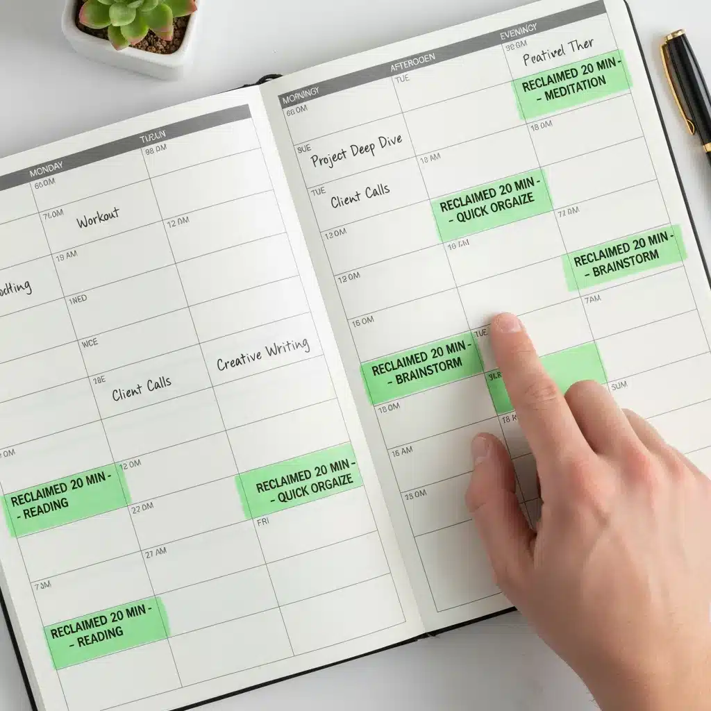Weekly planner showing reclaimed time slots, illustrating the cumulative effect of the 20-minute rule.