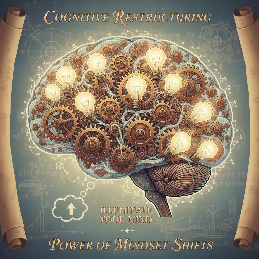 Brain with gears and lightbulbs symbolizing cognitive restructuring and mindset shifts