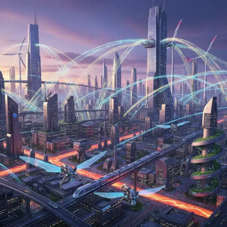 Futuristic cityscape with data streams symbolizing emerging technology disruption in US industries.