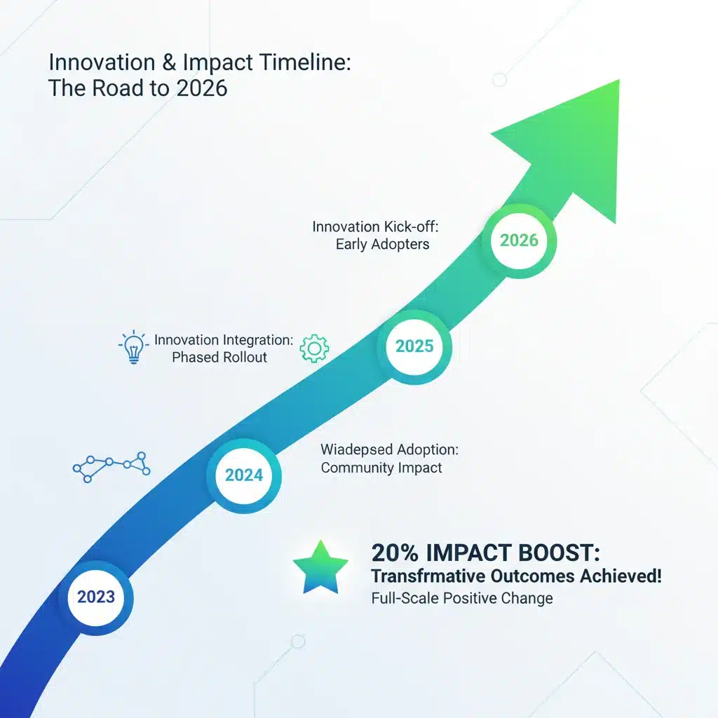 Infographic illustrating a timeline of business growth and increased impact by 20% towards 2026 through innovation.