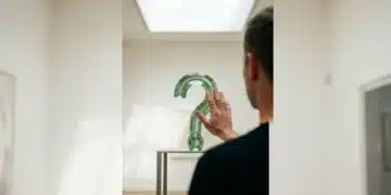 A person engaging with a question mark sculpture in a sunlit art gallery, symbolizing curiosity fueling discovery and innovation.