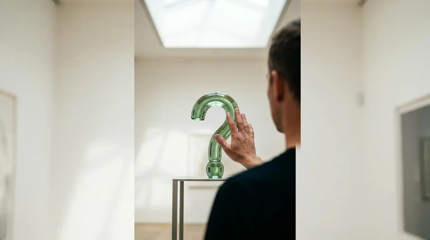 A person engaging with a question mark sculpture in a sunlit art gallery, symbolizing curiosity fueling discovery and innovation.