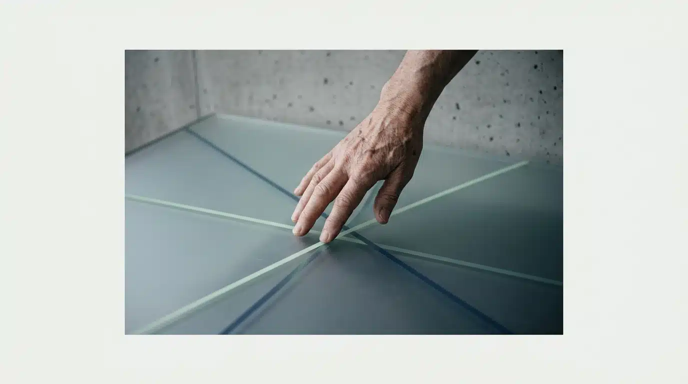 An aged hand gently traces intersecting, glowing lines on a frosted glass surface, symbolizing converging macro trends and interconnected global shifts.