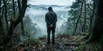 A person stands at the misty edge of an ancient forest, contemplating a valley, embodying the evolutionary drive of curiosity.