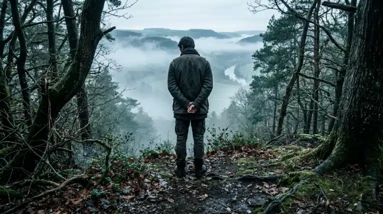 A person stands at the misty edge of an ancient forest, contemplating a valley, embodying the evolutionary drive of curiosity.