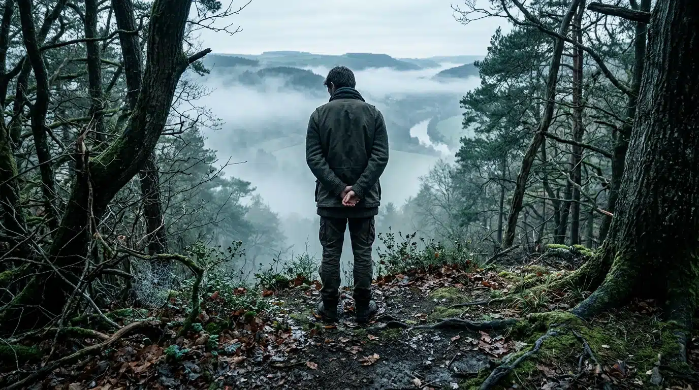 A person stands at the misty edge of an ancient forest, contemplating a valley, embodying the evolutionary drive of curiosity.