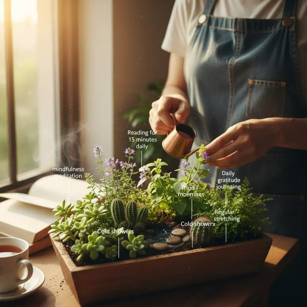 Person nurturing a garden of diverse plants, symbolizing micro-habits and self-cultivation