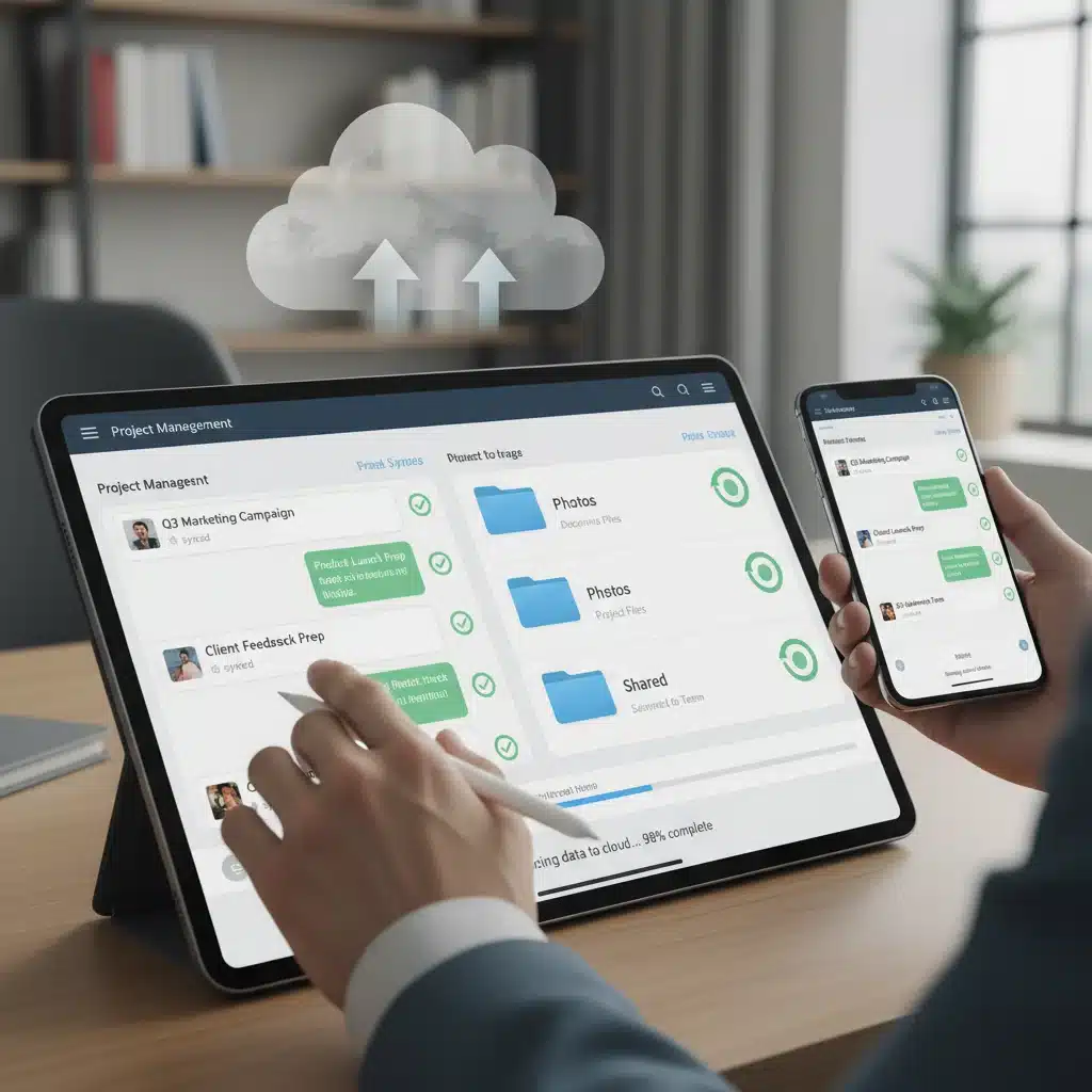 Hand interacting with a tablet, illustrating mobile productivity and cloud synchronization.