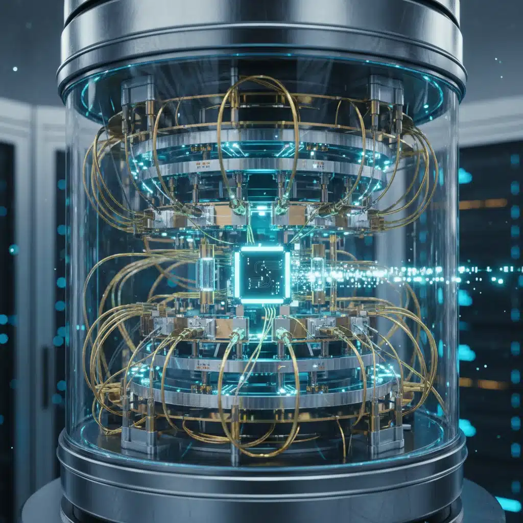 Intricate glowing components of a quantum computer, representing advanced processing power.
