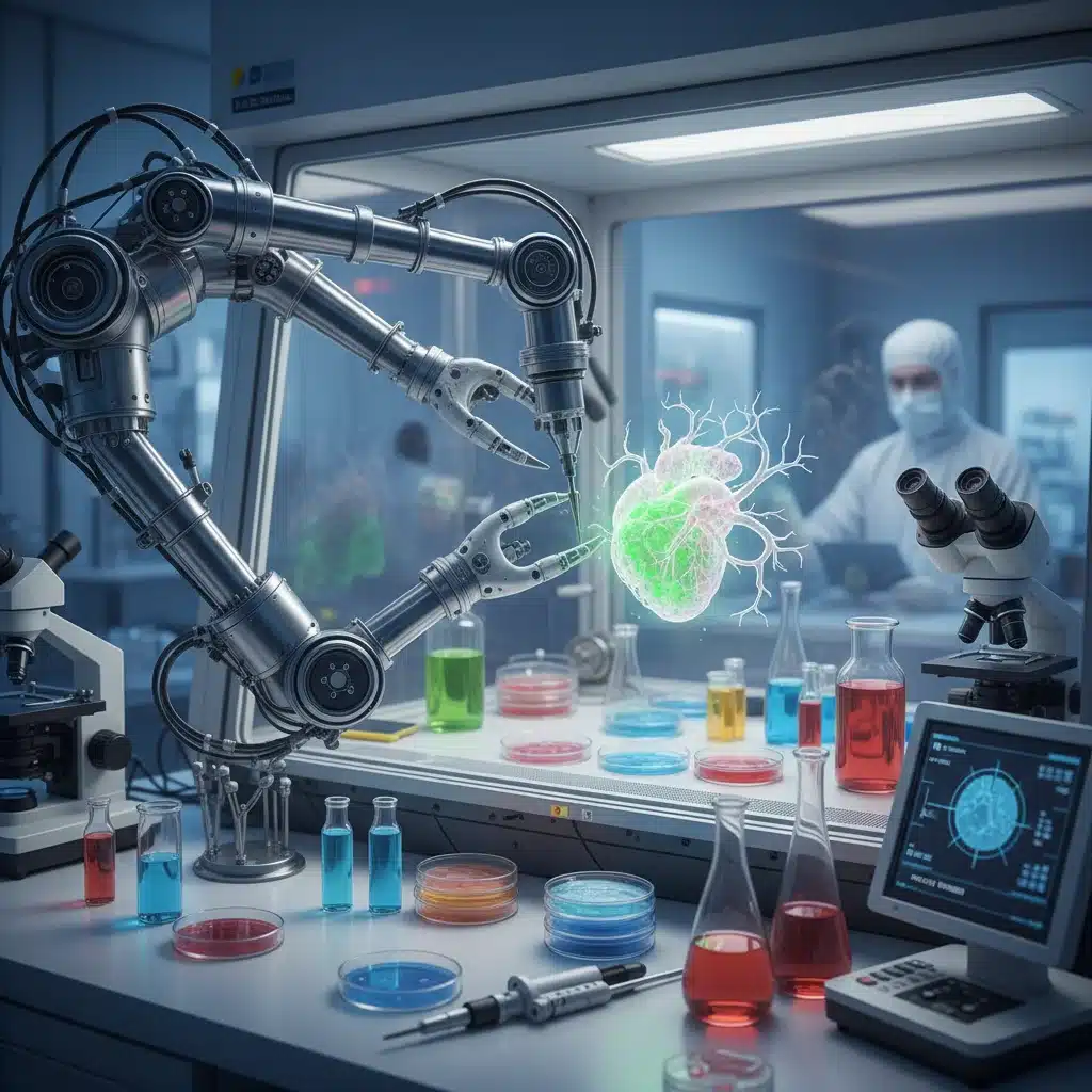 Robotic arm assembling biological structures in a sterile laboratory setting.